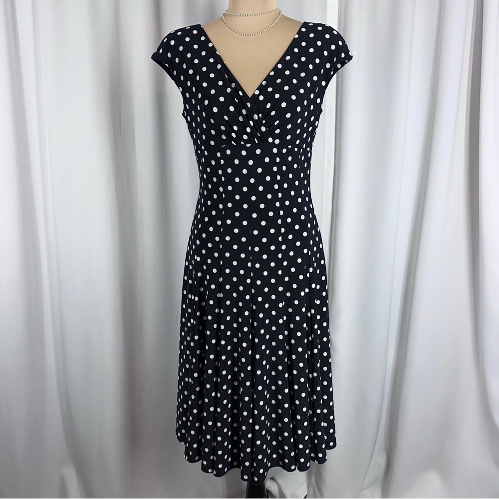 American Living Dress Sz‎ 6 Fit & Flare Surplice Black White Polka Dot Classic
